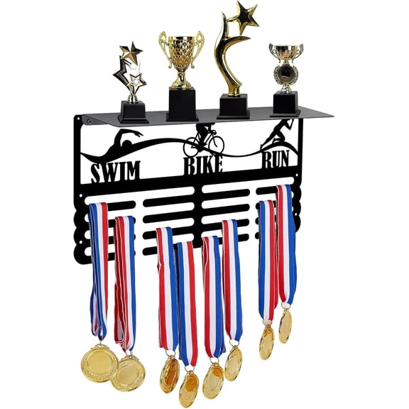 Triathlon Medal Trophy Hanger Rack Triathlon Trophy and Medal Display Shelf Sports Medal Hanger Display with Shelf Stand Metal