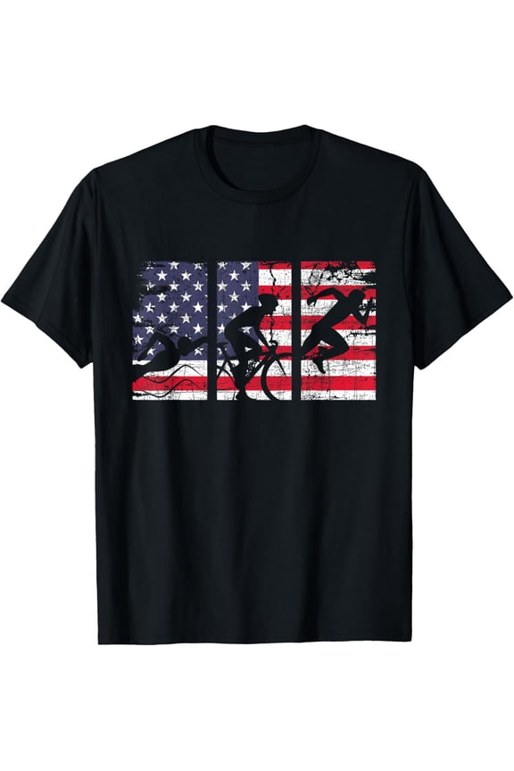 Triathlon USA Flag - Triathlete Athlete Sports Swim Run Bike T-Shirt