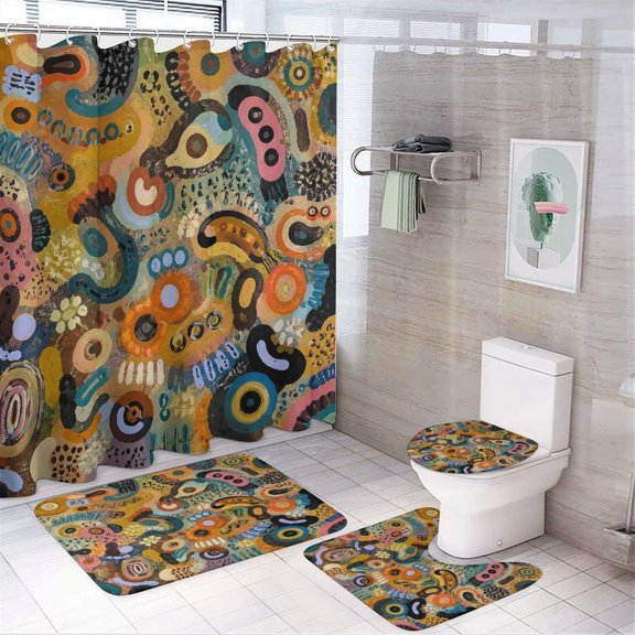 Tribal Abstract Earthy Circles Pattern 4 Pcs Bathroom Shower Curtain Set with Rugs, 71"x71" Polyester Shower Curtain, Flannel Bath Mat, Toilet Lid Cover & U-Shape Rug