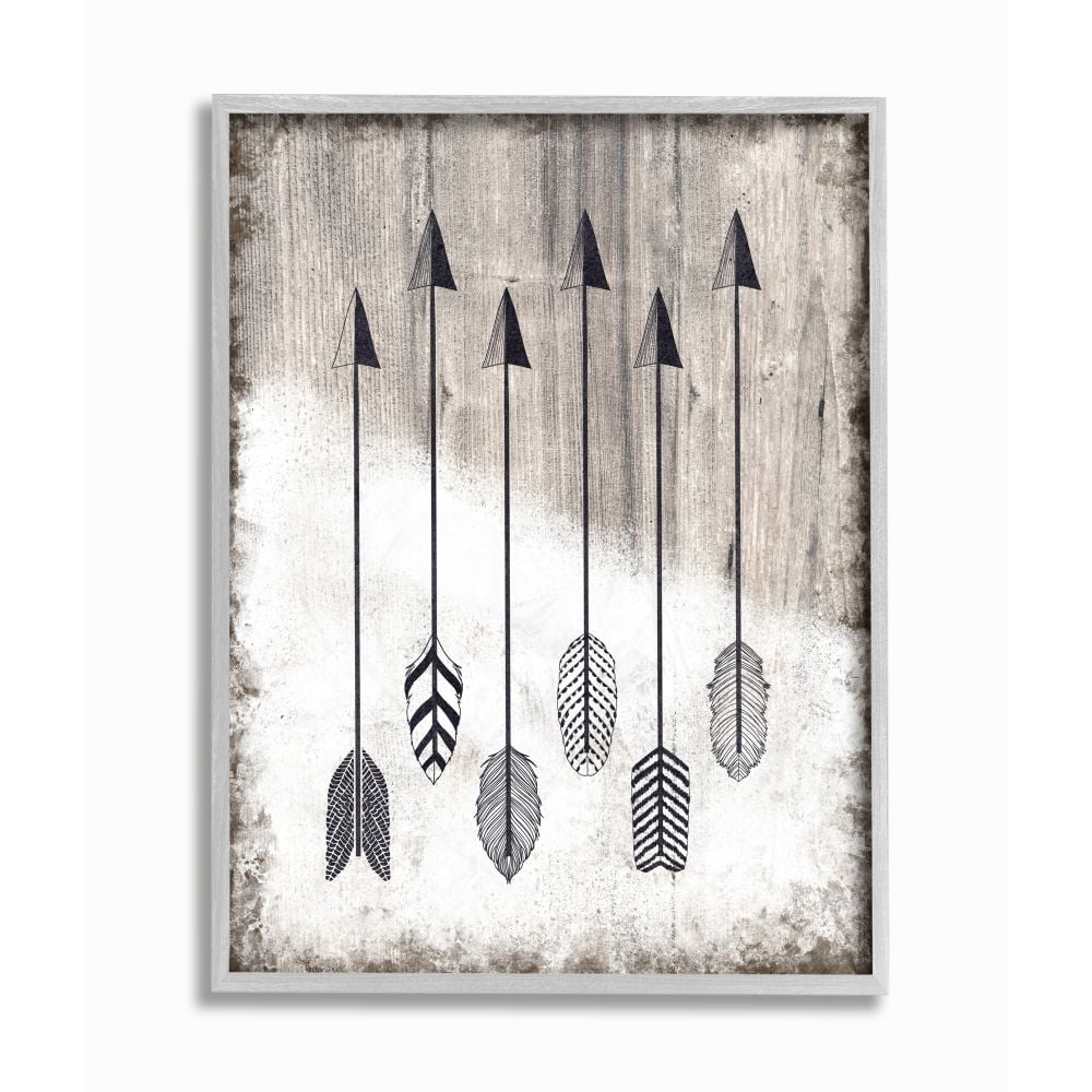 Tribal Arrow Feather Pattern Black And White Design Gray Farmhouse Rustic Oversized Framed Giclee Texturized Art by Ziwei Li