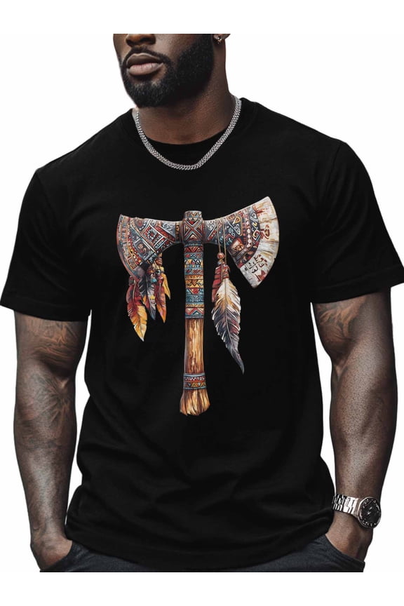 Tribal Art Men's T Shirts Tomahawk Feather T-Shirt for Men Crew Neck Tees Cotton Tops, Black, 3XL