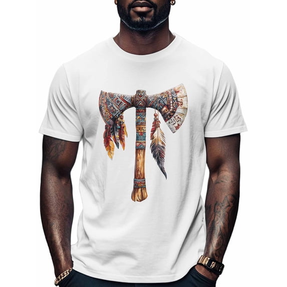 Tribal Art Men's T Shirts Tomahawk Feather T-Shirt for Men Crew Neck Tees Cotton Tops, White, M