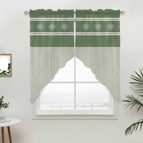 Tribal Art Swag Valances for Windows, Boho Diamond Stripe Sage Green Decorative Rod Pocket Short Curtains, Machine Washable Kitchen Window Topper for Bathroom Living Room, 28 x 36 Inch, 1 Pair