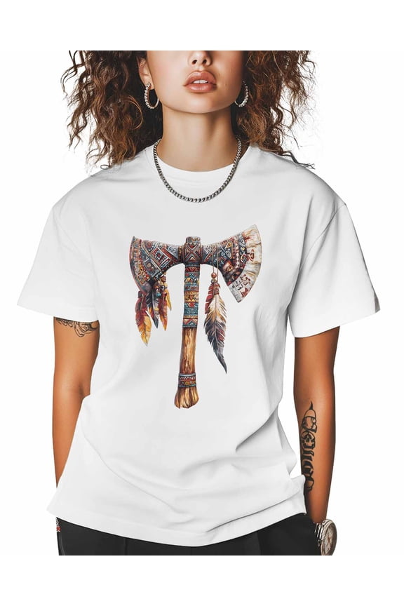 Tribal Art T Shirts for Women Short Sleeve Cotton Crewneck T-Shirt Tomahawk Feather Tee Tops Casual Basic T-Shirts, XS-5XL White L