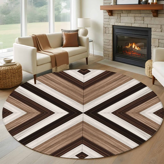 Tribal Aztec 7ft Round Rug for Living Room Conversation Area, Boho Black Brown Wood Grain Classic Abstract Washable Non Slip Large Circle Area Rug