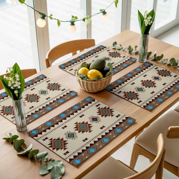 Tribal Aztec Ethnic Style Placemats Set of 4,Wipeable Washable Table Mats for Dining Tables, Abstract Geometric Vintage Brown Place Mats for Kitchen Event Party Tabletop Decor