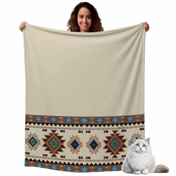 Tribal Aztec Ethnic Style Throw Blanket Flannel Fleece Throws, Abstract Geometric Vintage Brown Lightweight Super Soft Warm Blankets for Couch Sofa Bed All Season Use, 40x50 in