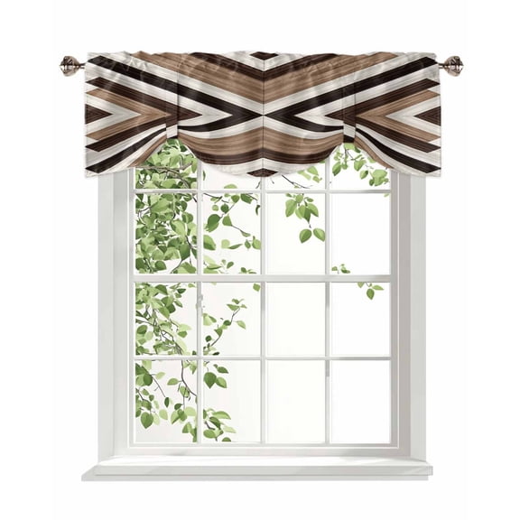 Tribal Aztec Tie Up Valances Curtain, Adjustable Kitchen Boho Black Brown Wood Grain Classic Abstract Valances for Windows Decor, Rod Pocket Short Curtains Set for Bedroom/Bathroom, 42"x18"