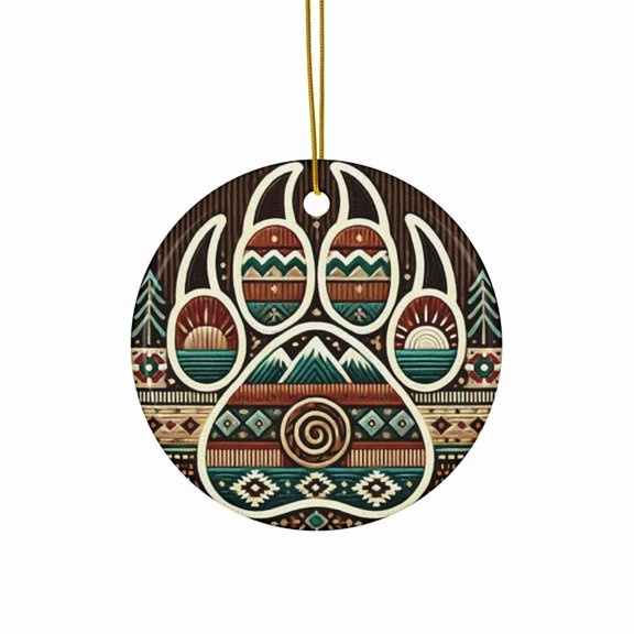 Tribal Bear Paw Ornament With Southwestern Patterns Printed On Ceramic 2D FLAT CIRCLE Ceramic Ornament