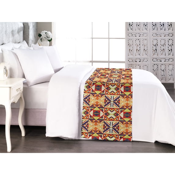Tribal Bed Runner, Mosaic Look Squares Ethnic Sketch Motive with Triangles Eastern Vibes, Decorative Accent Bedding Scarf for Hotels Homes & Guest Rooms, Queen, Yellow Green Vermilion, by Ambesonne