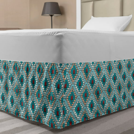 Tribal Bed Skirt, Dry Brush Ink Print Pattern in Doodle Style with Geometrical Motifs, Elastic Bedskirt Dust Ruffle Wrap Around for Bedding Decor, 4 Sizes, Multicolor, by Ambesonne