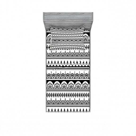 Tribal Bedding Set with Sheet & Covers, Borders with Leaves Florals Flowers Ivy Swirls Inspired Art Image Print, Printed Bedroom Decor 2 Shams, 4 Sizes, Black and White, by Ambesonne