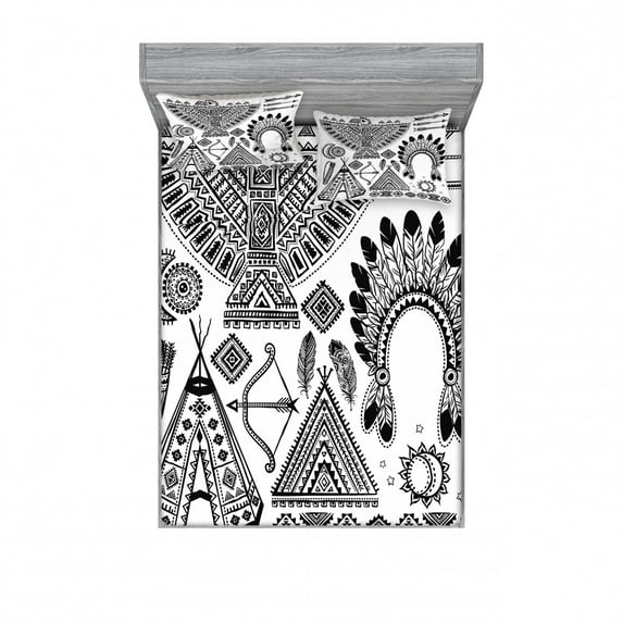 Tribal Bedding Set with Sheet & Covers, Feather Head Band Teepee Tent Bow and Arrow Art Print, Printed Bedroom Decor 2 Shams, 4 Sizes, Black and White, by Ambesonne