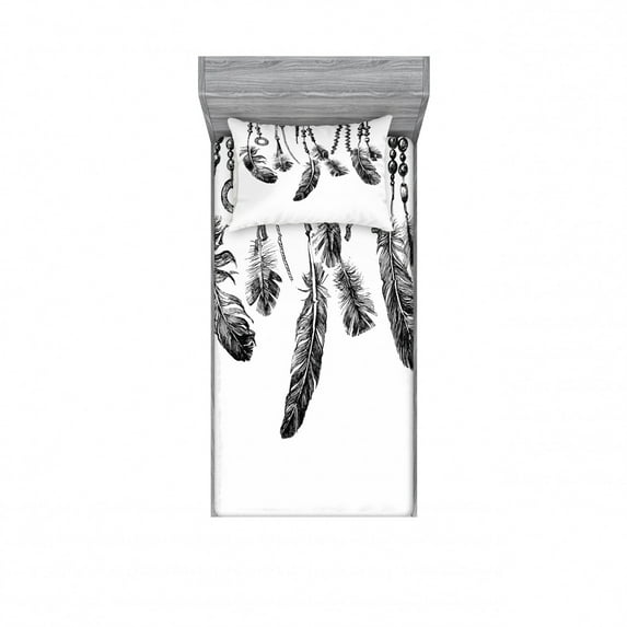 Tribal Bedding Set with Sheet & Covers, Tribal Feathers for Wisdom and Strength, Printed Bedroom Decor 2 Shams, 4 Sizes, White and Black, by Ambesonne