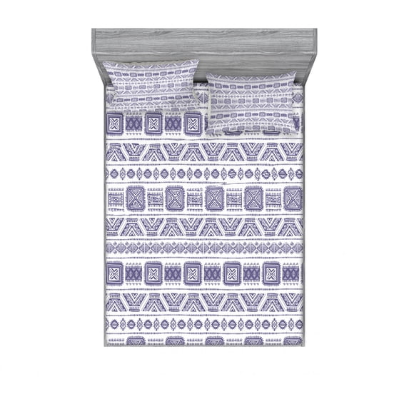 Tribal Bedding Set with Sheet & Covers, Mexican Pattern with Geometric Forms Vintage Boho Artwork Design Print, Printed Bedroom Decor 2 Shams, 4 Sizes, Mauve White, by Ambesonne