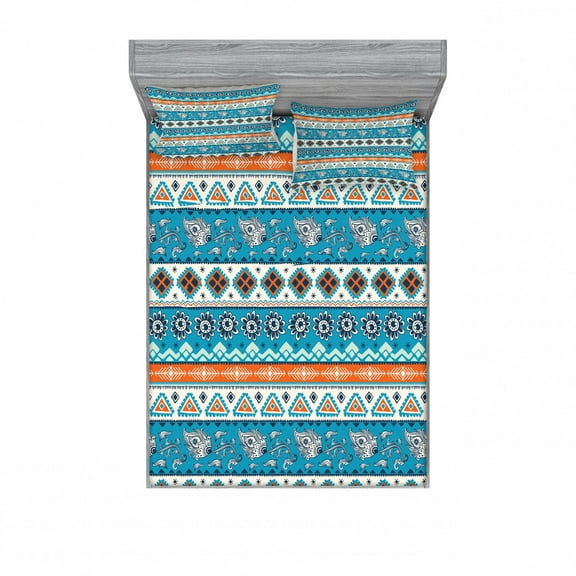 Tribal Bedding Set with Sheet & Covers, Print with Persian Tulips Floral Spring Season Bohemian Art, Printed Bedroom Decor 2 Shams, 4 Sizes, Blue Orange and White, by Ambesonne