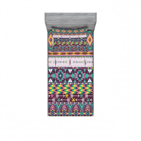 Tribal Bedding Set with Sheet & Covers, Traditional Pattern Geometrics and Arrows Art, Printed Bedroom Decor 2 Shams, 4 Sizes, Teal Purple Yellow, by Ambesonne