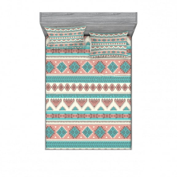 Tribal Bedding Set with Sheet & Covers, Vintage Design Native Style Geometric Triangles Print, Printed Bedroom Decor 2 Shams, 4 Sizes, Cream Aqua and Peach, by Ambesonne
