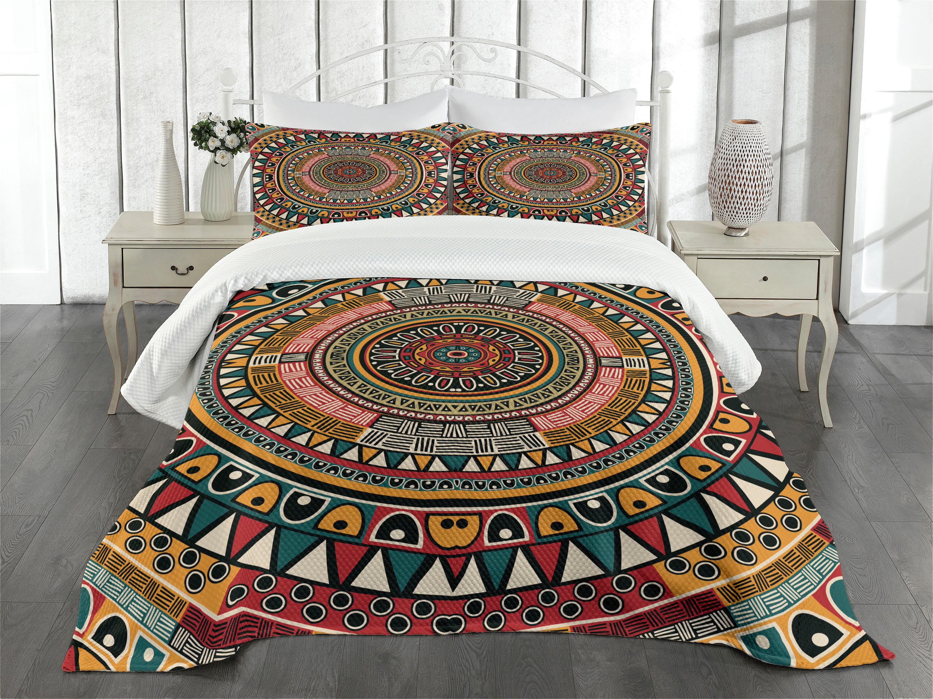 Tribal Bedspread Set Queen Size, African Folkloric Tribe Round Pattern
