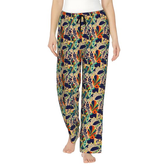 Tribal Bird Cartoon Women's Comfy Pajama Pants with Pockets,Soft Stretch Drawstring Lounge Pants, Soft Casual Wide Leg PJS Sleep Bottoms Medium
