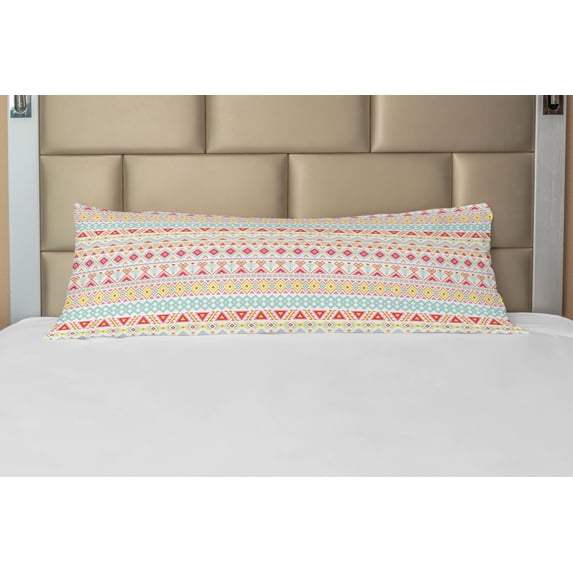 Tribal Body Pillow Case Cover with Zipper, Aztec Inspired Patterns Stripes Fun Spring Colors Native Style Prints, Decorative Accent Long Pillowcase, Yellow Pink Aqua, by Ambesonne