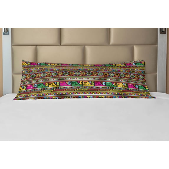 Tribal Body Pillow Case Cover with Zipper, Design with Colorful Geometrical Details Borders Vector Themed Print, Decorative Accent Long Pillowcase, Multicolor, by Ambesonne