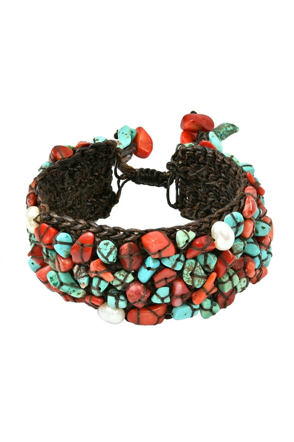 Tribal Bohemian Turquoise Coral Pearl Pull Coachella Wrist Wrap Bracelet for Female Adult