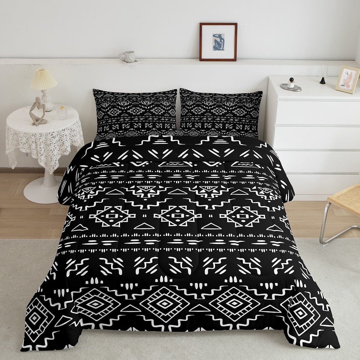 Tribal Boho Aztec Quilt Bedding Set Black White Ethnic Bohemian