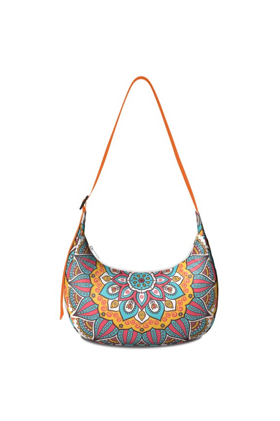Tribal Boho Crescent Shoulder Bag with Mandala Pattern Ethnic Sacred Ornament Design Meditation Harmony Purse for Women