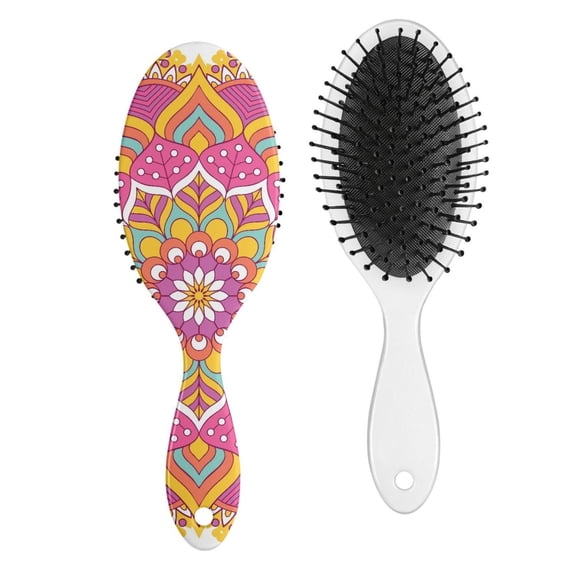Tribal Boho Mandala Hair Brush - Gentle Round Bristle Brush for Wet & Dry Hair, Frizz Control & Scalp Care