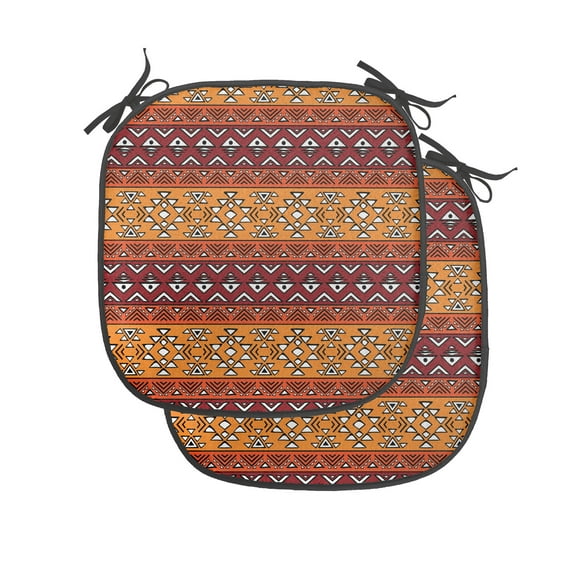 Tribal Chair Seating Cushion Set of 2, Maya Inspired Horizontal Esoteric Latin Inspired Geometric Pattern Print, Seat Pads for Office with Anti-slip Backing, 16"x16", Ruby Apricot, by Ambesonne