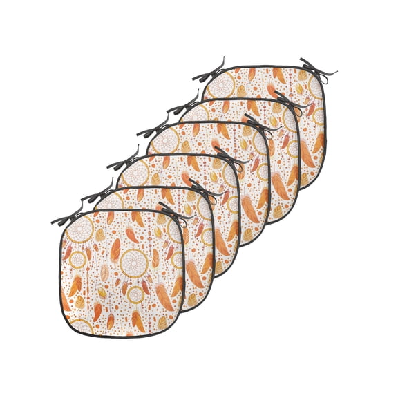 Tribal Chair Seating Cushion Set of 6, Various Sized Dreamcatchers Native Change Illustration, Seat Pads for Office with Anti-slip Backing, 16"x16", Orange White, by Ambesonne