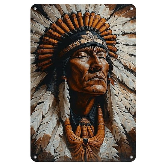 Tribal Chief Iron Wall Art - Retro Headdress Metal Sign for Home, Bar, & Cafe Decoration, Waterproof Vintage Style Plaque, 8x12 Inches