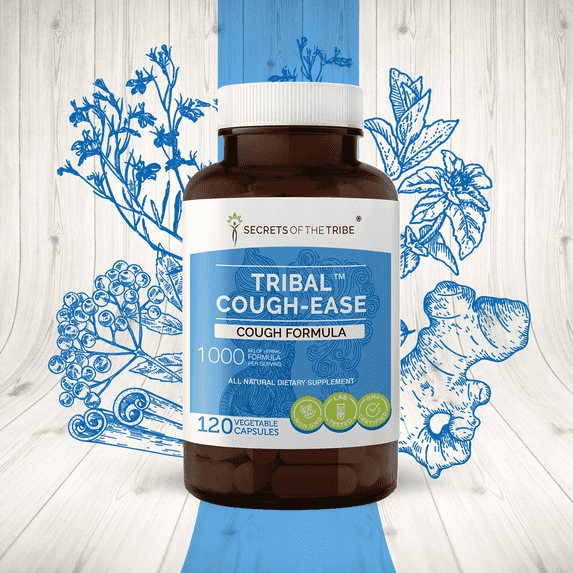 Secrets of the Tribe Tribal Cough-ease Capsules Dietary Supplement, Natural Herb Blend, Made from Lobelia, Cinnamon, Peppermint, Ginger, Elderberry, Slippery Elm 120 Count