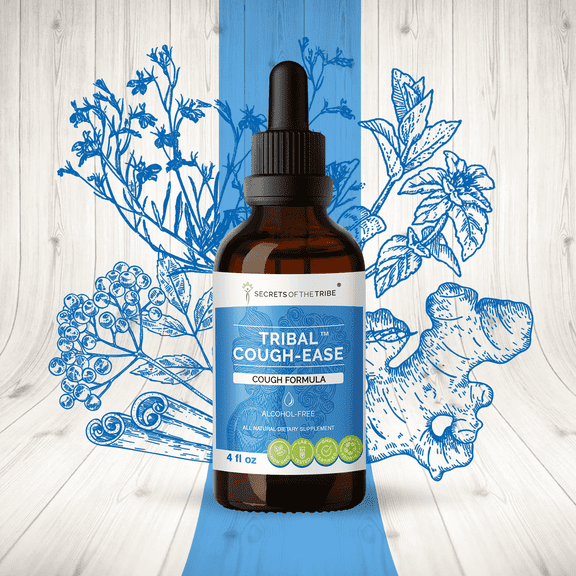 Secrets Of The Tribe Tribal Cough Ease Blend Tincture Dietary Supplement, Natural Extract, Made from Lobelia, Cinnamon, Peppermint, Ginger, Elderberry, Slippery Elm 4 oz
