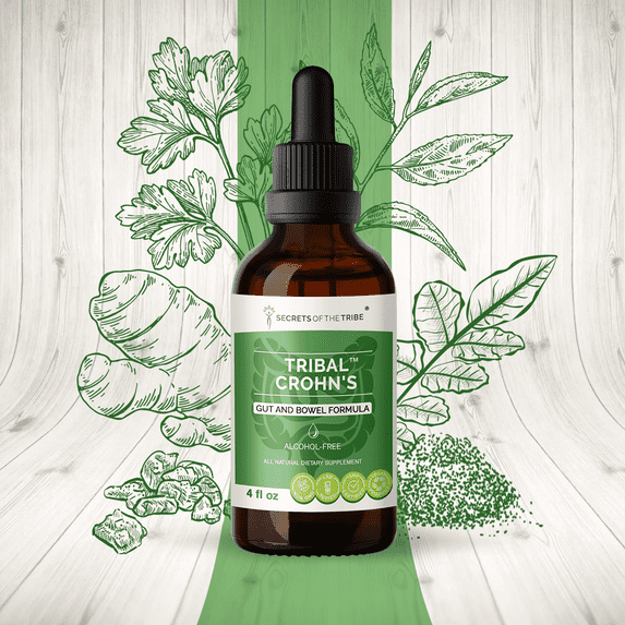 Secrets Of The Tribe Tribal Crohn's Blend Tincture Dietary Supplement, Natural Extract, Made from Slippery Elm, Parsley, Marshmallow, Turmeric, Frankincense, Green Tea 4 oz