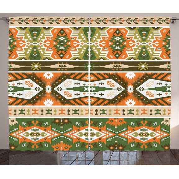 Ambesonne Tribal Curtains 2 Panel Set, Aztec Mayan Style Stripe, 108" x 108", Green Brown Amber