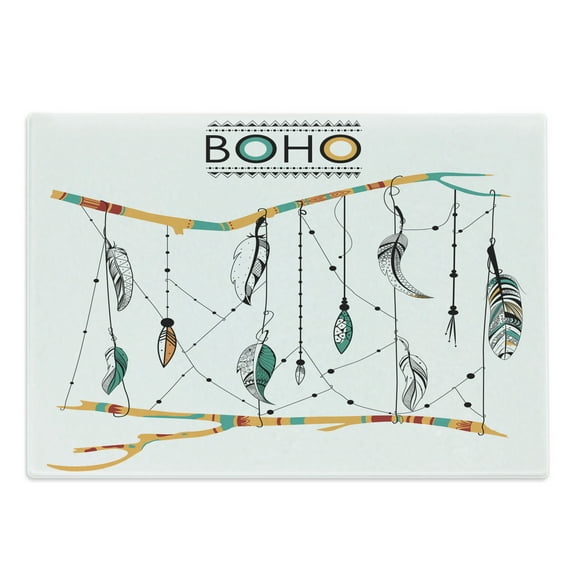 Tribal Cutting Board, Classic Retro Feathers Hippie Old Culture Art, Decorative Tempered Glass Cutting and Serving Board, Large Size, Multicolor, by Ambesonne