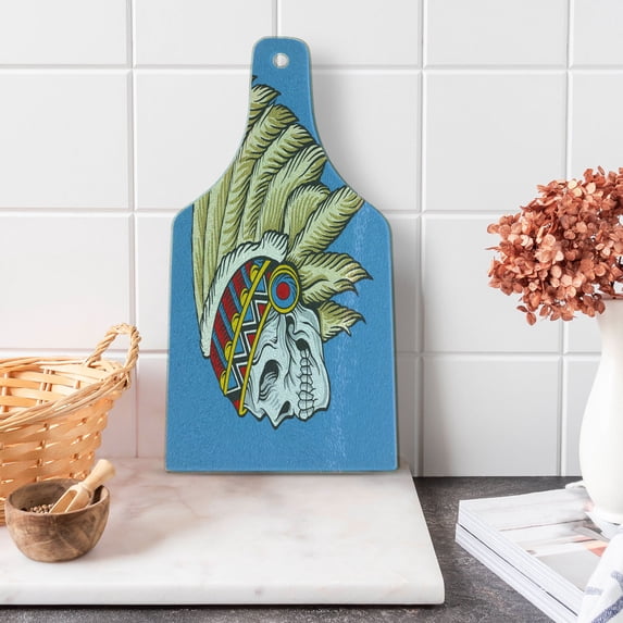 Tribal Cutting Board, Dead Skull with Feathers Tattoo Folk Aztec Pattern, Decorative Tempered Glass Cutting and Serving Board, Wine Bottle Shape, Violet Blue Cream Pearl, by Ambesonne