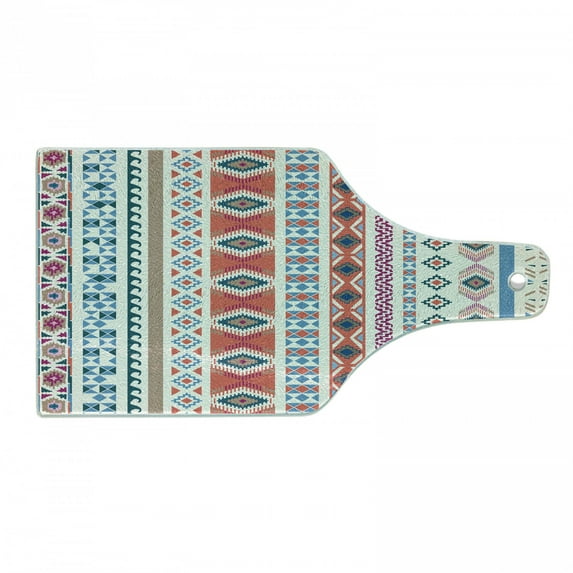 Tribal Cutting Board, Geometric Motifs Pattern Vertical Striped Background Design, Decorative Tempered Glass Cutting and Serving Board, Wine Bottle Shape, Multicolor, by Ambesonne