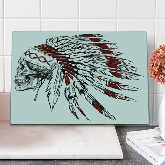Tribal Cutting Board, Hand Drawn Feather Headdress with Human Skull Vintage Art, Decorative Tempered Glass Cutting and Serving Board, Large Size, Burgundy Black White, by Ambesonne