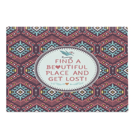 Tribal Cutting Board, Hipster Tribal Pattern Geometric Elements Typographic Text, Decorative Tempered Glass Cutting and Serving Board, Large Size, Dark Coral Turquoise, by Ambesonne