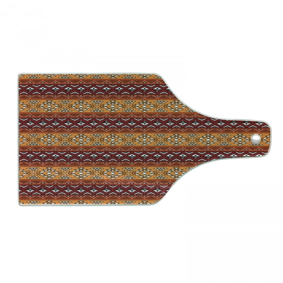 Tribal Cutting Board, Maya Inspired Horizontal Esoteric Latin Inspired Geometric Pattern Print, Decorative Tempered Glass Cutting and Serving Board, Wine Bottle Shape, Ruby Apricot, by Ambesonne