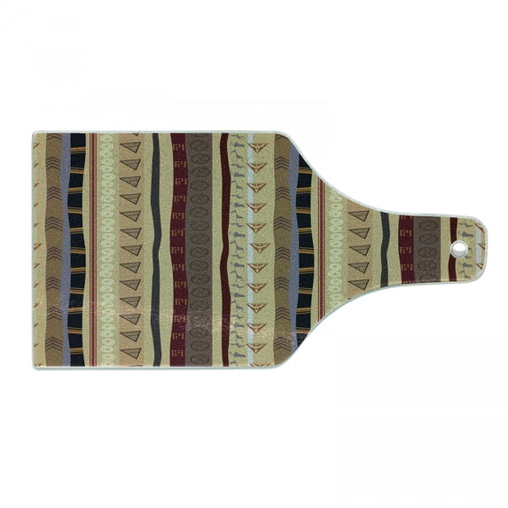 Tribal Cutting Board, Striped Pattern with Vertical Wavy Stripes and Geometric Abstract Ornaments, Decorative Tempered Glass Cutting and Serving Board, Wine Bottle Shape, Multicolor, by Ambesonne