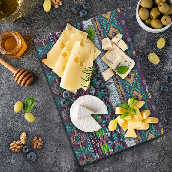 Tribal Cutting Board, Traditional Pattern Geometrics and Arrows Art, Decorative Tempered Glass Cutting and Serving Board, Small Size, Teal Purple Yellow, by Ambesonne