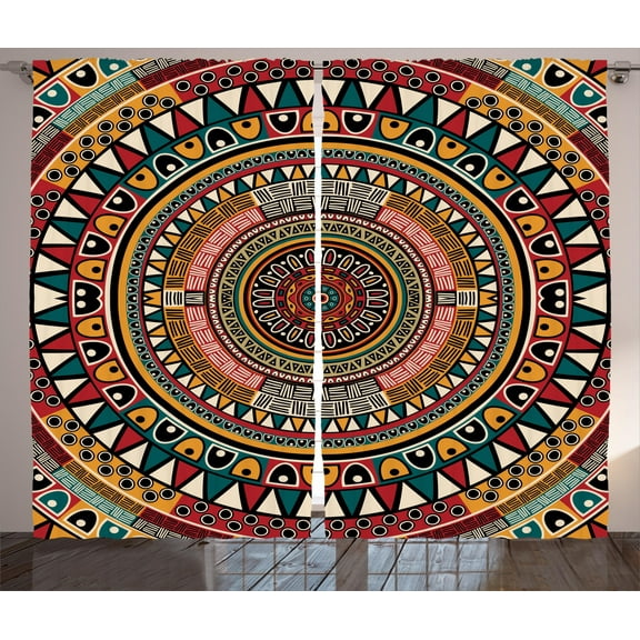 Ambesonne Tribal Curtains 2 Panel Set, Color Art, 108" x 90", Jade Ruby and Mustard