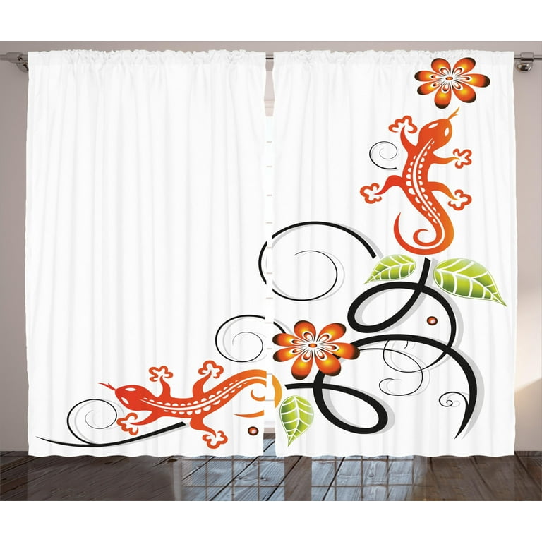 Tribal Decor Curtains 2 Panels Set, Small Baby Lizard Flowers and Leaves  with Oriental Lines Print, Window Drapes for Living Room Bedroom, 108W X  84L