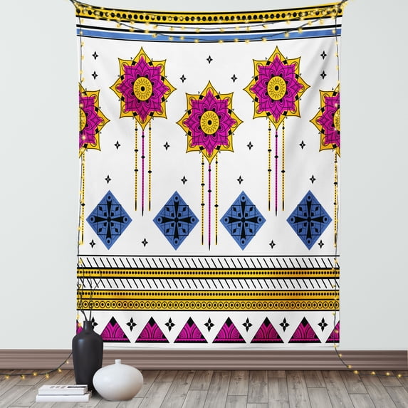 Tribal Decor Tapestry, Colored Vector Seamless Pattern with Indian Mayan Inspired Print, Wall Hanging for Bedroom Living Room Dorm Decor, 40W X 60L Inches, Blue Light Coffe Fuchsia, by Ambesonne
