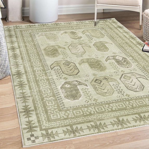 Tribal Decorative Rug, Classic Ethnic Themed Grunge Abstract Leafy Shapes and Geometric Forms, Quality Carpet for Bedroom Dorm and Living Room, 6 Sizes, Pale Sage, by Ambesonne