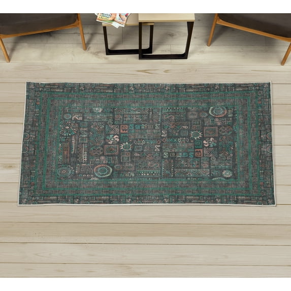 Tribal Decorative Rug, Ethnic Aztec Geometric Colorful Details and Shapes on Dark Backdrop, Quality Carpet for Bedroom Dorm and Living Room, 6 Sizes, Dark Grey and Jade Green, by Ambesonne